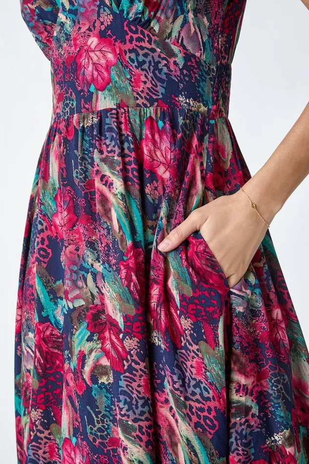 Wine Floral Print Shirred Midi Dress Women Roman Dresses