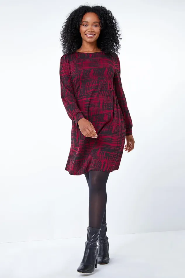 Wine Petite Abstract Print Fit and Flare Dress Women Roman Dresses