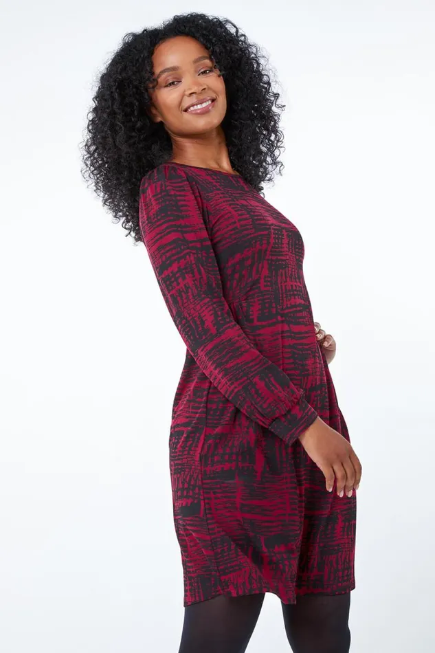 Wine Petite Abstract Print Fit and Flare Dress Women Roman Dresses