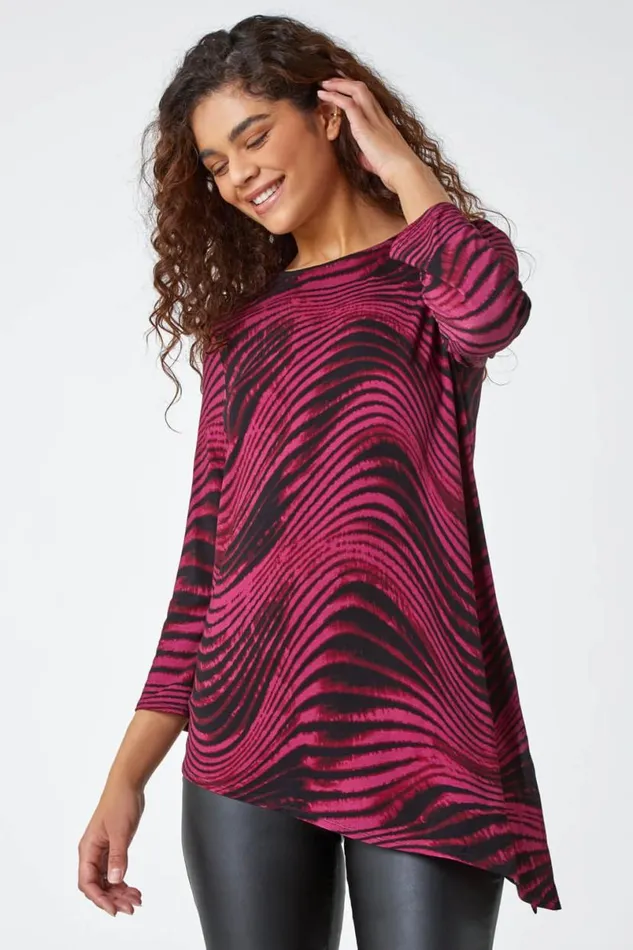 Wine Swirl Print Asymmetric Stretch Top Women Roman Tops