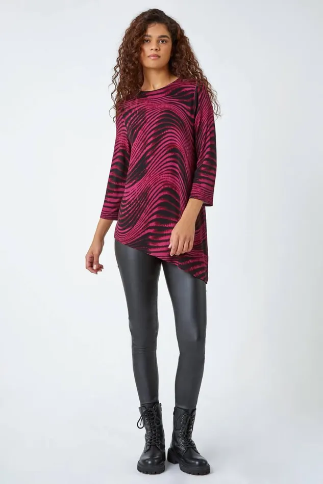 Wine Swirl Print Asymmetric Stretch Top Women Roman Tops