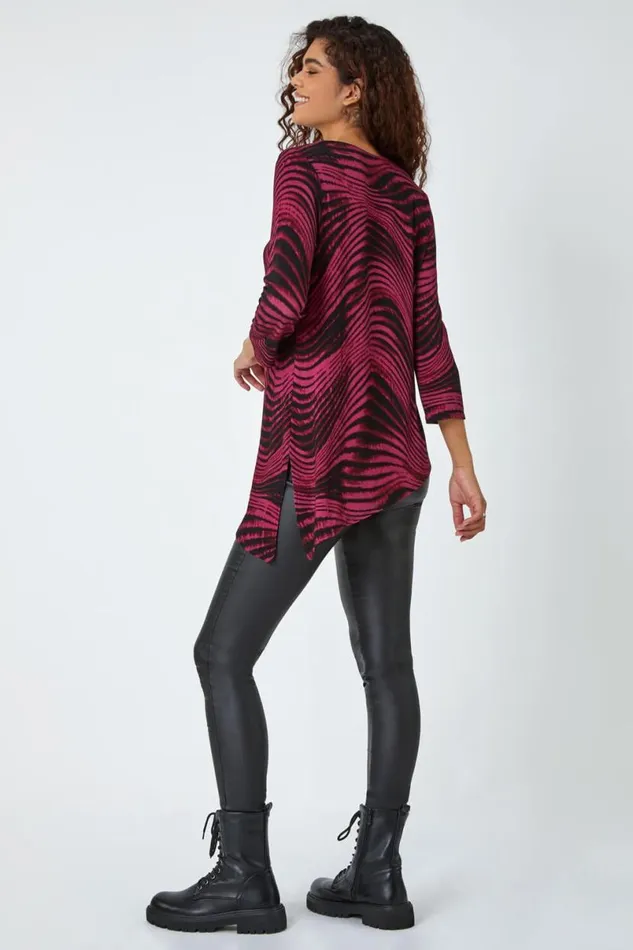 Wine Swirl Print Asymmetric Stretch Top Women Roman Tops