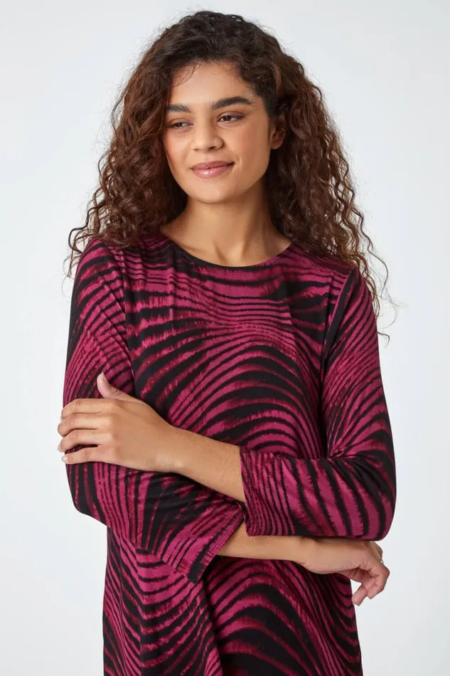 Wine Swirl Print Asymmetric Stretch Top Women Roman Tops