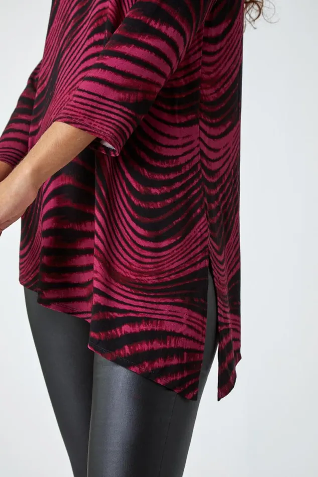Wine Swirl Print Asymmetric Stretch Top Women Roman Tops