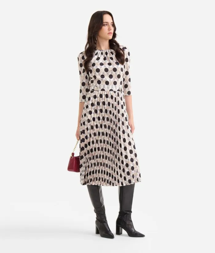 Woman Dresses Alviero Martini GeoMetrico Print Twill Dress With Pleated Skirt Greige Woman Dresses Alviero Martini GeoMetrico Print Twill Dress With Pleated Skirt Greige