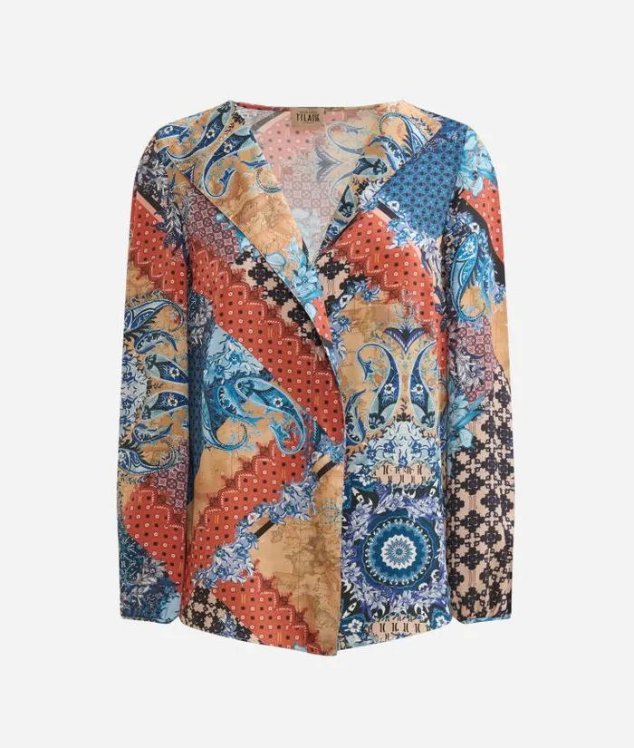 Woman Knitwears Shirts and Tops Alviero Martini Geo Patchwork Foulard Print Twill Blouse With Lapels Blue