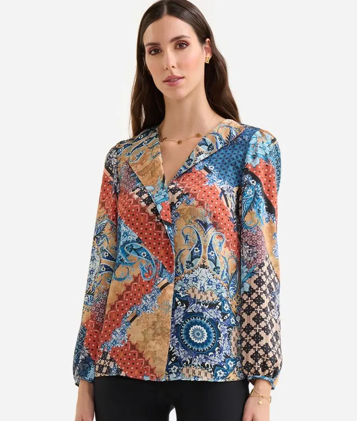 Woman Knitwears Shirts and Tops Alviero Martini Geo Patchwork Foulard Print Twill Blouse With Lapels Blue