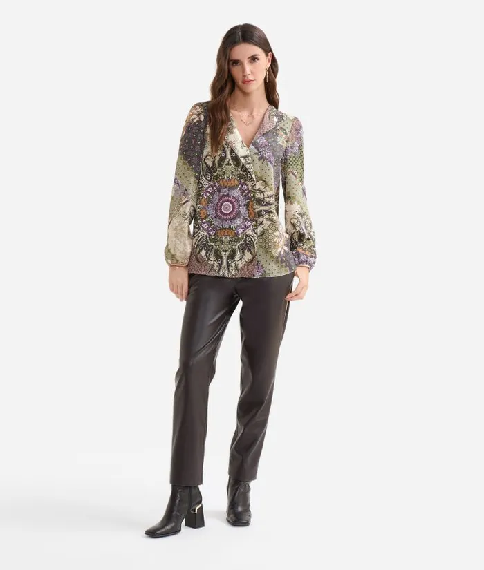 Woman Knitwears Shirts and Tops Alviero Martini Geo Patchwork Foulard Print Twill Blouse With Lapels Green