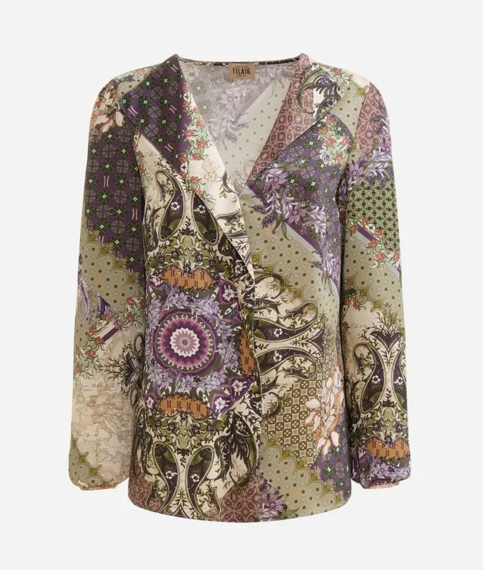 Woman Knitwears Shirts and Tops Alviero Martini Geo Patchwork Foulard Print Twill Blouse With Lapels Green