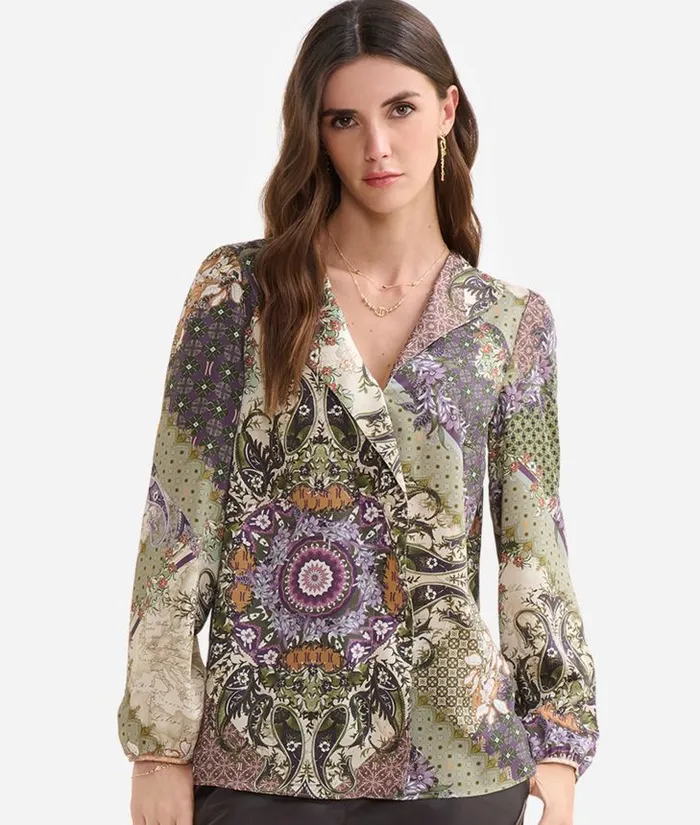 Woman Knitwears Shirts and Tops Alviero Martini Geo Patchwork Foulard Print Twill Blouse With Lapels Green