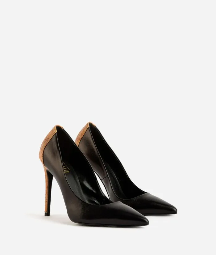 Woman Pumps Alviero Martini Smooth Napa Leather Court Shoes With Geo Classic Print Heel Black
