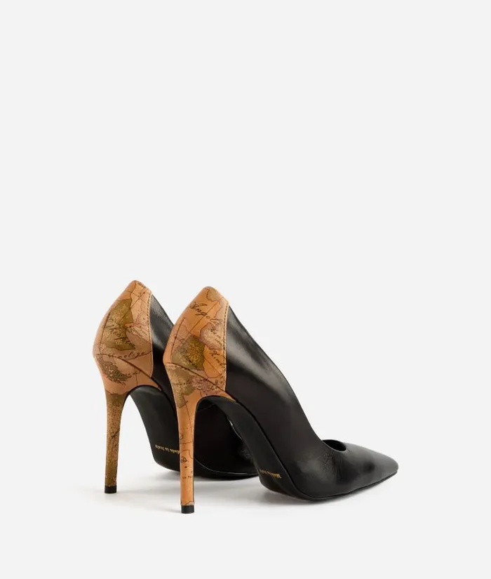 Woman Pumps Alviero Martini Smooth Napa Leather Court Shoes With Geo Classic Print Heel Black