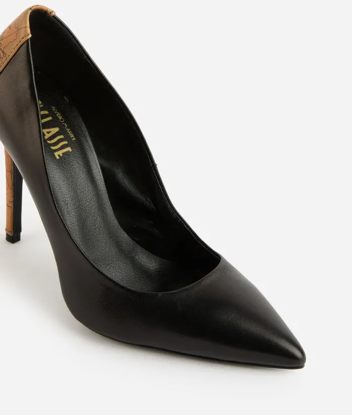Woman Pumps Alviero Martini Smooth Napa Leather Court Shoes With Geo Classic Print Heel Black
