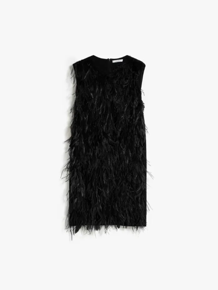 Woman Short Dress With Feathers Black Maxmara Dresses Woman Short Dress With Feathers Black Maxmara Dresses