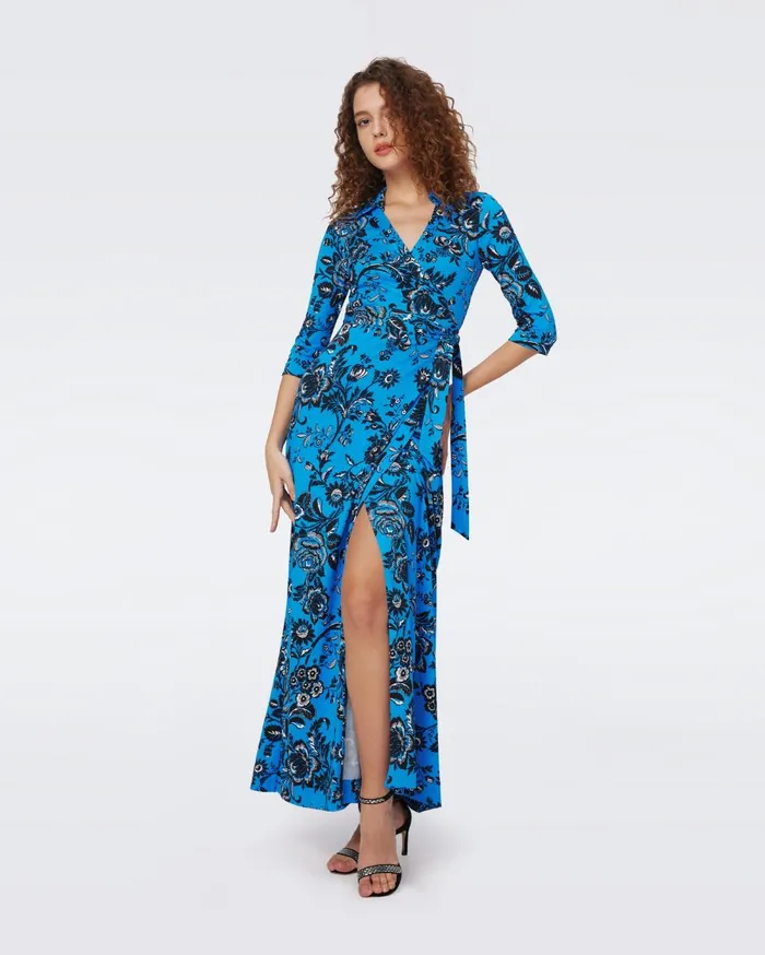 Women Abigail Silk Jersey Maxi Wrap Dress Huge Night Vine Blue DVF Dresses