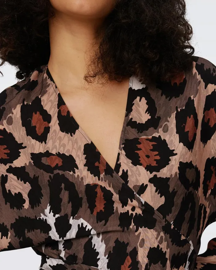 Women Babette Reversible Wrap Dress Feather Boa And Jungle Cat DVF Dresses