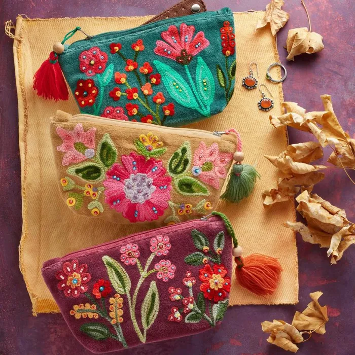 Women Beaded Velvet Pouches Tan Sundance Catalog Jewelry Storage