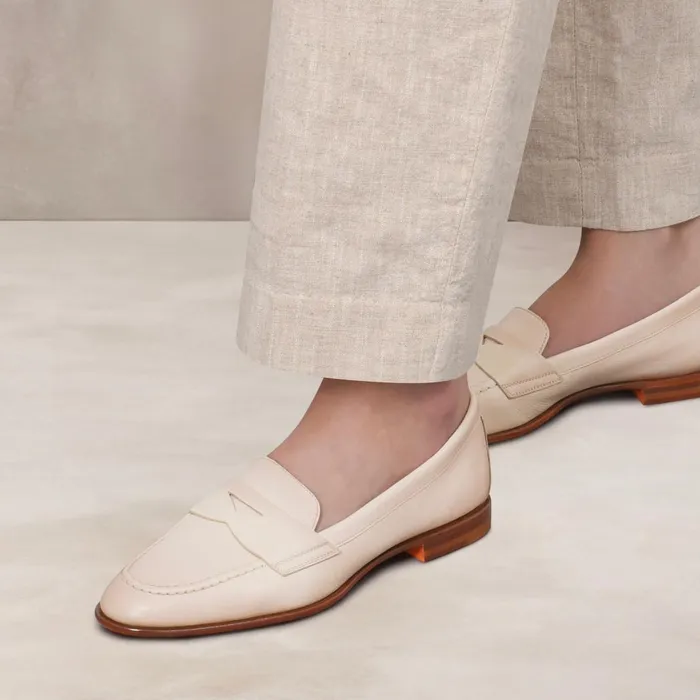 Women Beige Leather Penny Loafer Santoni Loafers