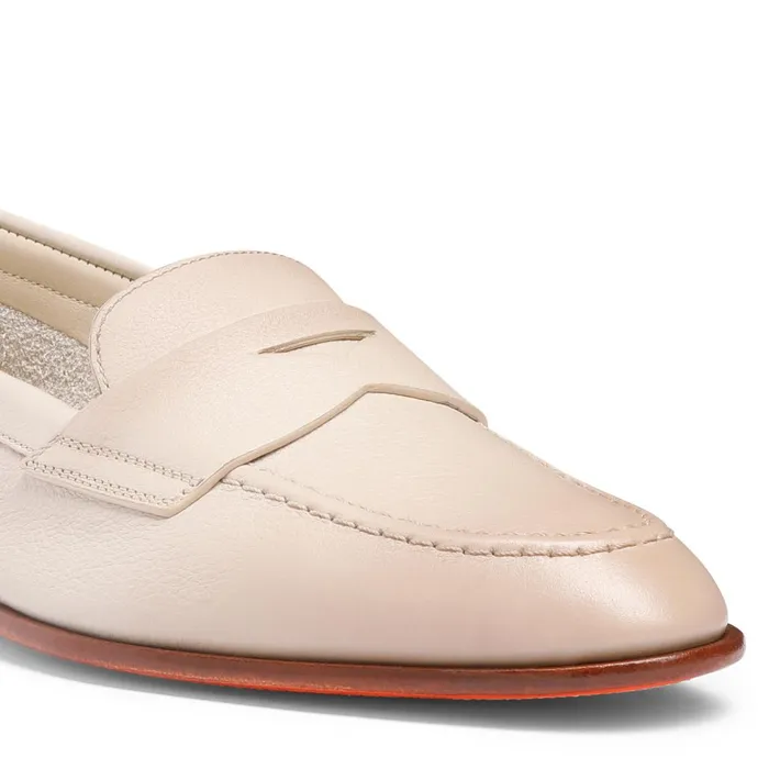Women Beige Leather Penny Loafer Santoni Loafers
