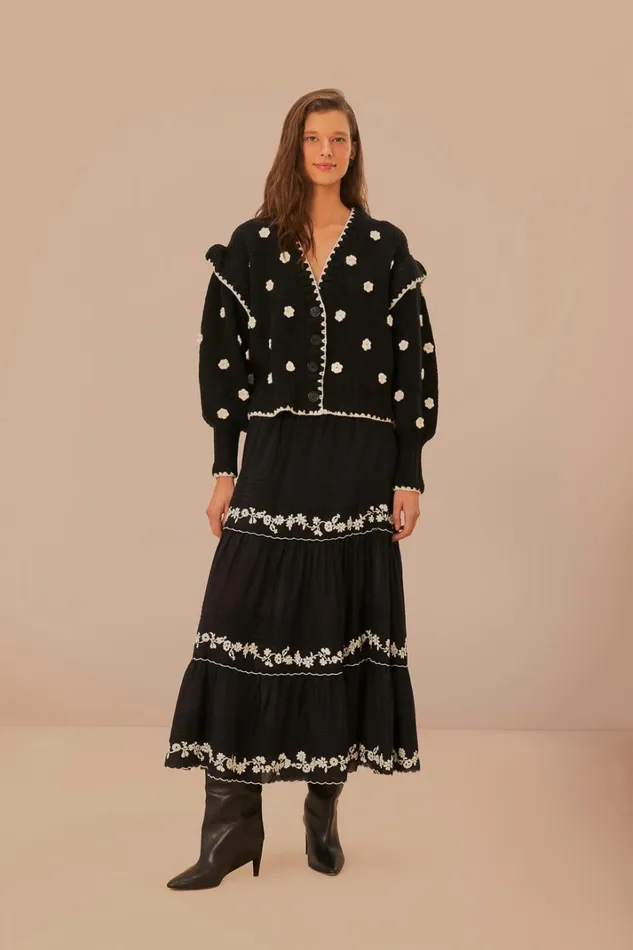 Women Black And White Flowers Knit Cardigan Black And White FARM Rio Cardigans Women Black And White Flowers Knit Cardigan Black And White FARM Rio Cardigans