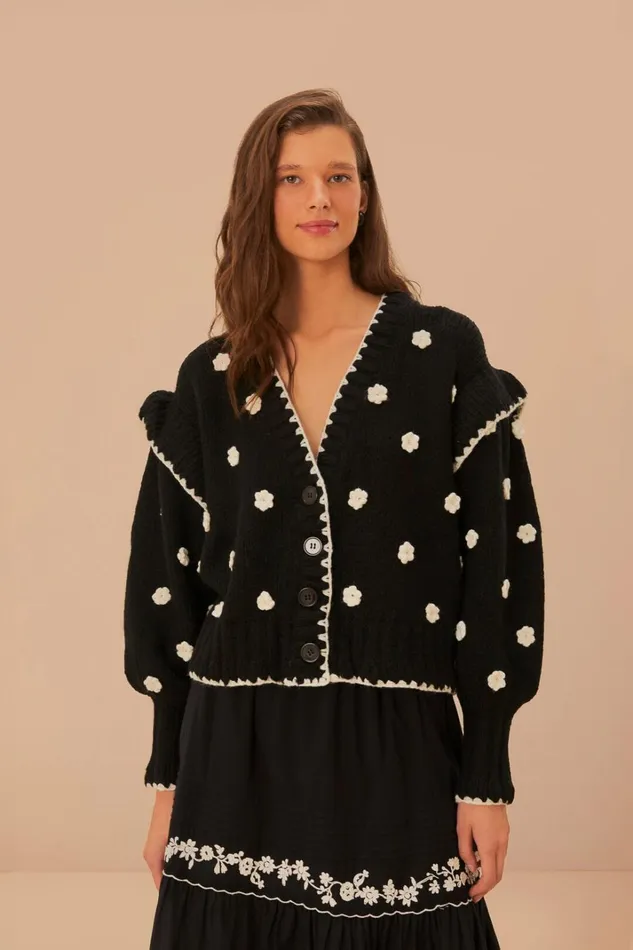 Women Black And White Flowers Knit Cardigan Black And White FARM Rio Cardigans