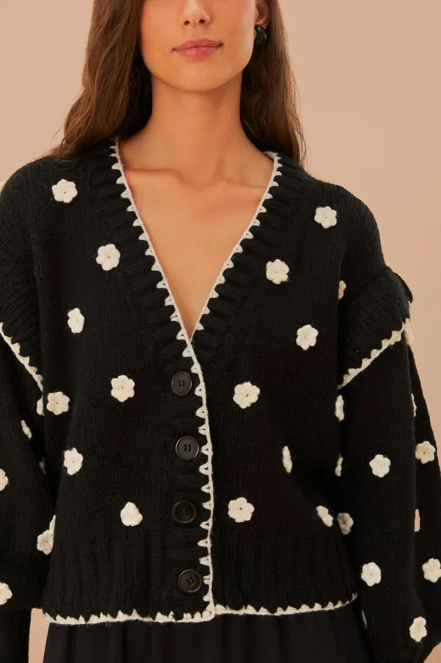 Women Black And White Flowers Knit Cardigan Black And White FARM Rio Cardigans