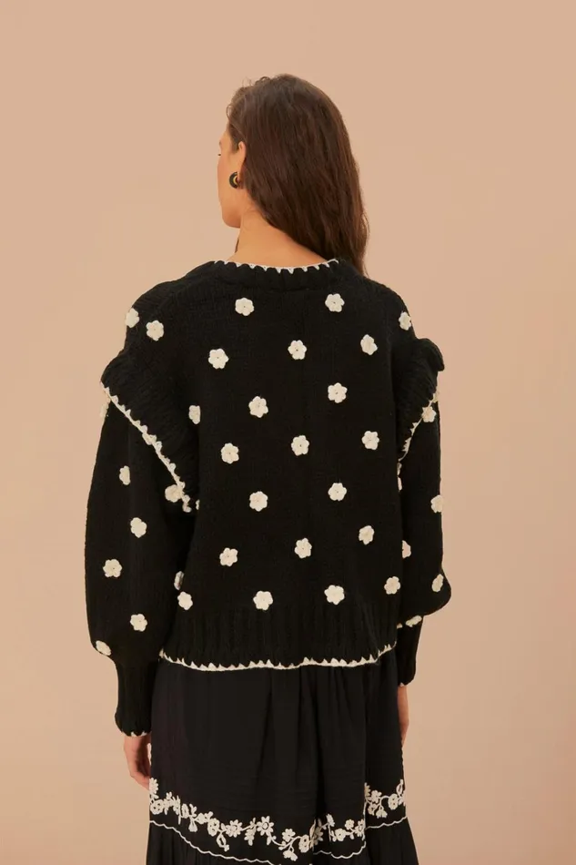 Women Black And White Flowers Knit Cardigan Black And White FARM Rio Cardigans