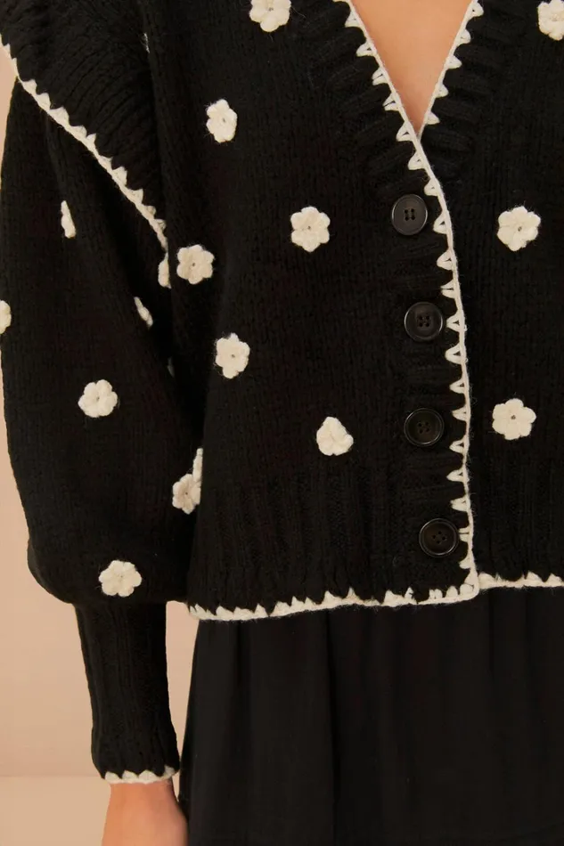 Women Black And White Flowers Knit Cardigan Black And White FARM Rio Cardigans