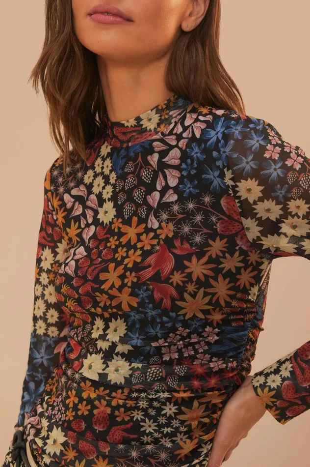 Women Black Juju Garden Tulle Blouse Jujus Garden Black FARM Rio Blouses