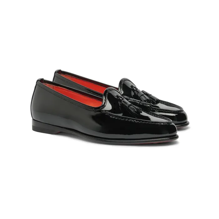 Women Black Patent Leather Andrea Tassel Loafer Santoni Loafers