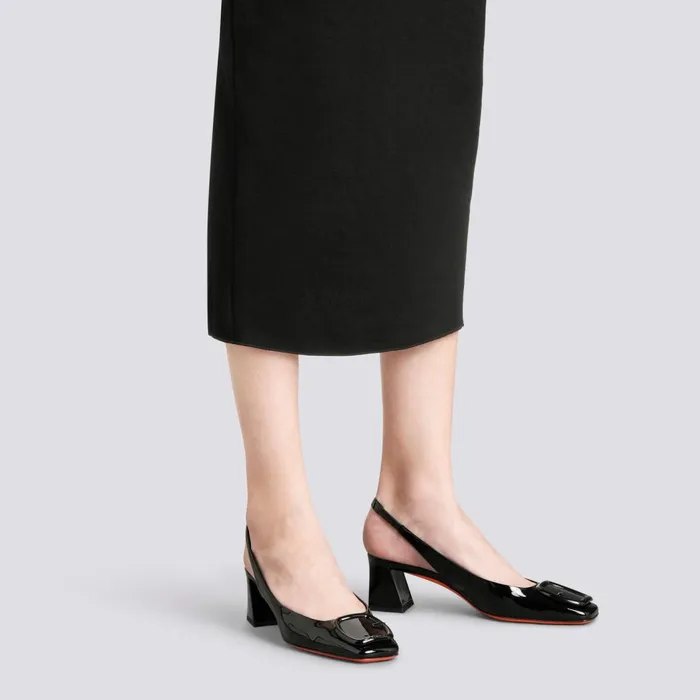 Women Black Patent Leather MidHeel Slingback Santoni Pumps and Heels