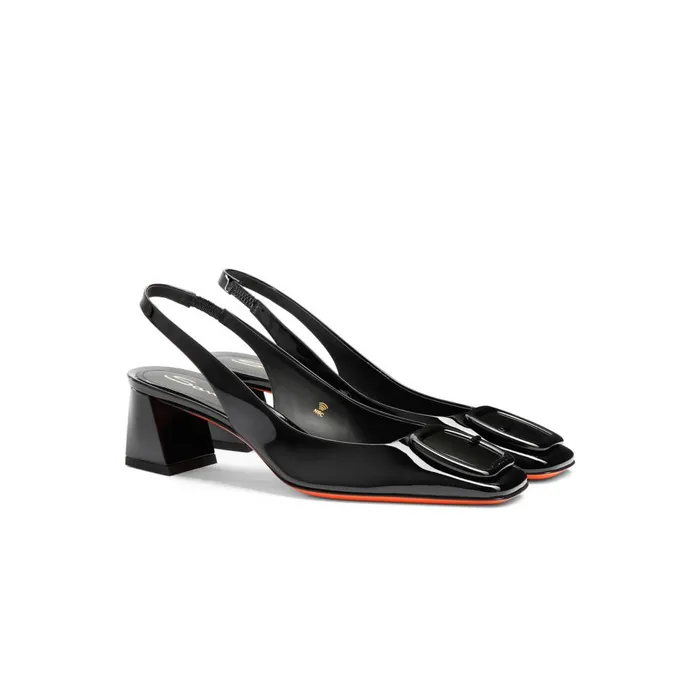 Women Black Patent Leather MidHeel Slingback Santoni Pumps and Heels