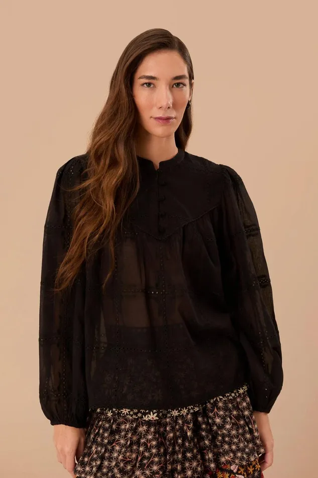 Women Black Scallops Long Sleeve Blouse Black FARM Rio Blouses