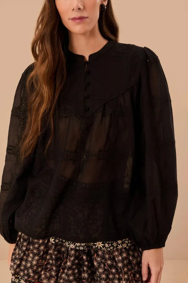 Women Black Scallops Long Sleeve Blouse Black FARM Rio Blouses