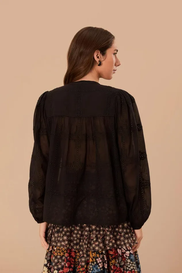Women Black Scallops Long Sleeve Blouse Black FARM Rio Blouses