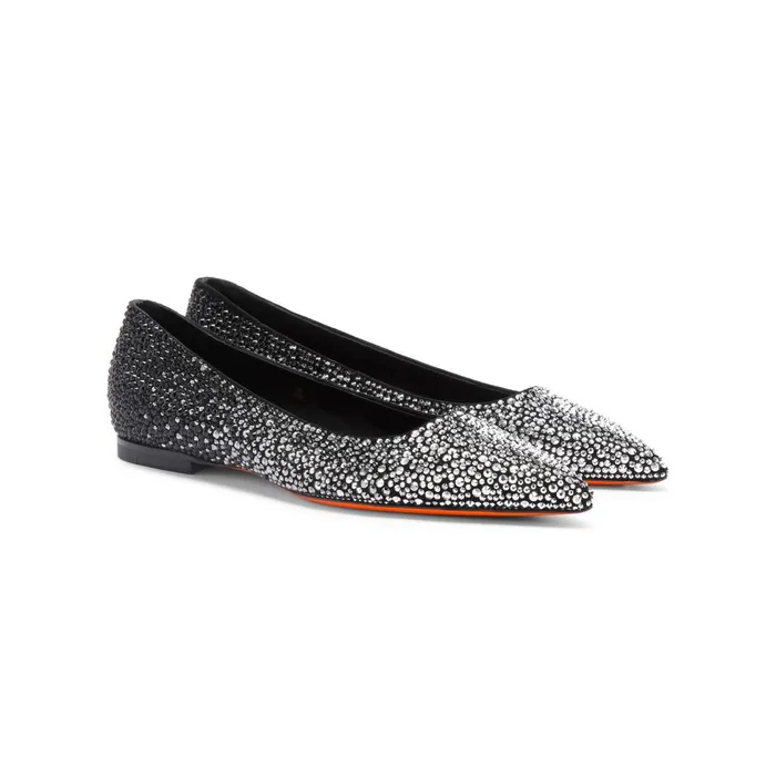 Women Black Suede And Strass Ballet Flat Santoni Flats Shoes