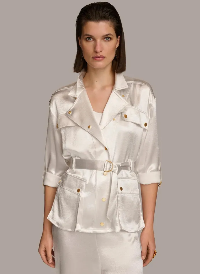 Women Blazers Donna Karan ROLL SLEEVE BELTED JACKET Cream