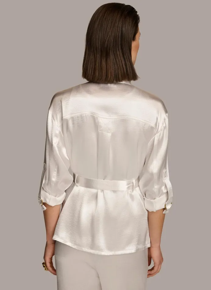 Women Blazers Donna Karan ROLL SLEEVE BELTED JACKET Cream