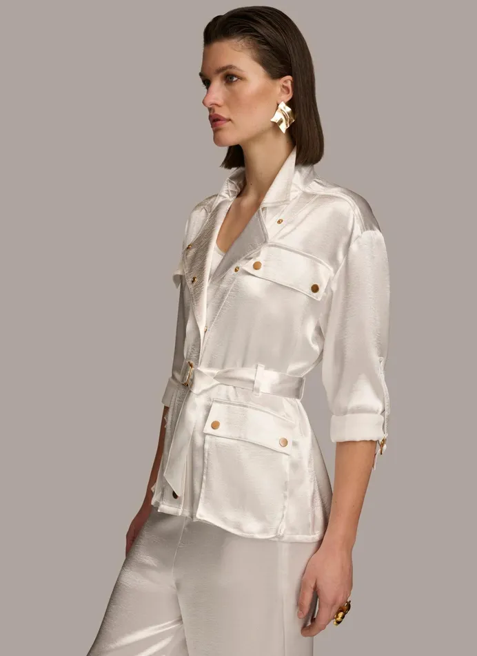 Women Blazers Donna Karan ROLL SLEEVE BELTED JACKET Cream