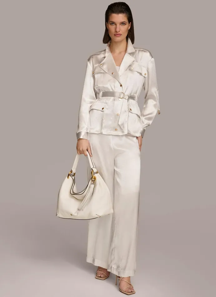 Women Blazers Donna Karan ROLL SLEEVE BELTED JACKET Cream