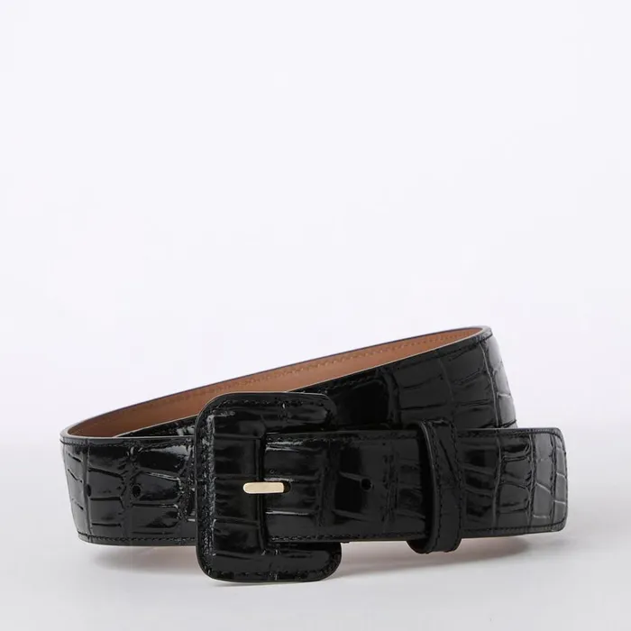 Women Brahmin Belts Wide Covered Leather Buckle Belt Black Classic Vintage Croc