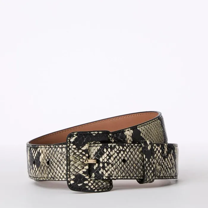 Women Brahmin Belts Wide Covered Leather Buckle Belt Grey Classic Snake