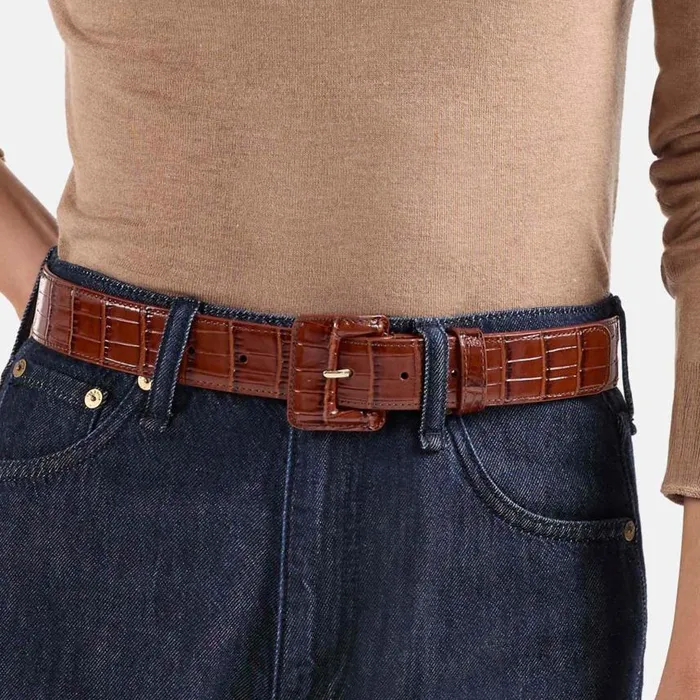 Women Brahmin Belts Wide Covered Leather Buckle Belt Grey Classic Snake