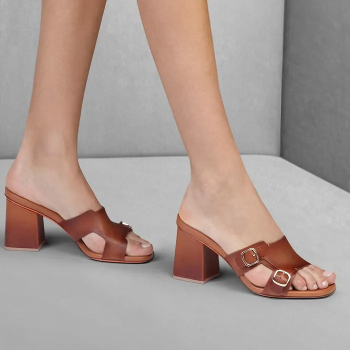 Women Brown Leather DoubleBuckle Mid Sandal Santoni Sandals