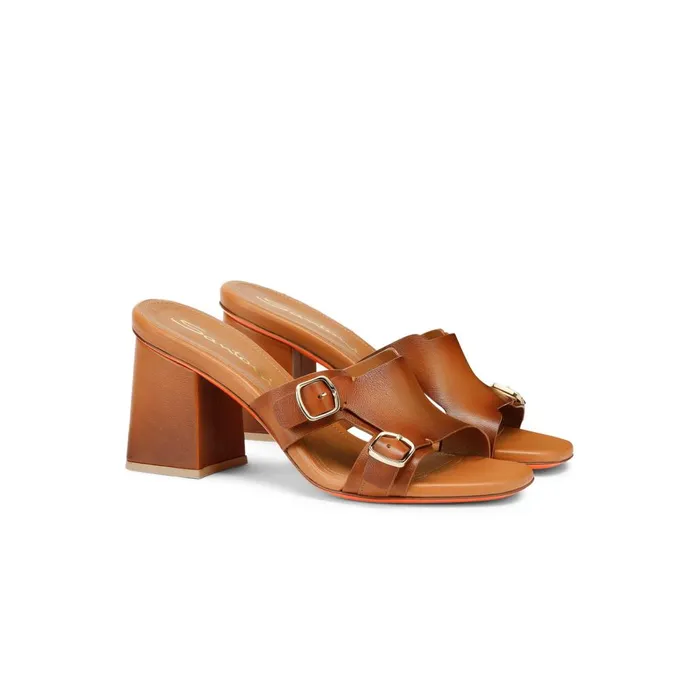 Women Brown Leather DoubleBuckle Mid Sandal Santoni Sandals