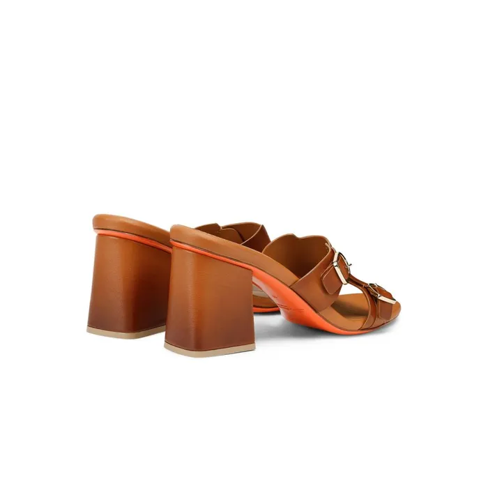 Women Brown Leather DoubleBuckle Mid Sandal Santoni Sandals