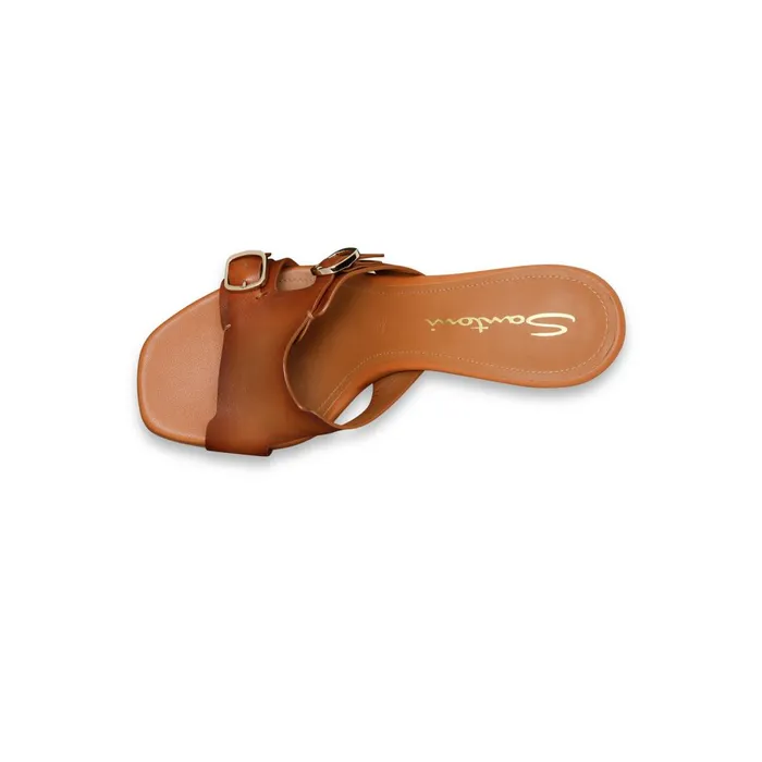 Women Brown Leather DoubleBuckle Mid Sandal Santoni Sandals