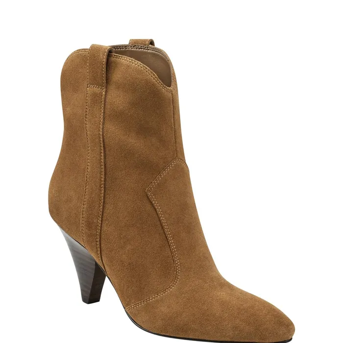 Women Carissa Heeled Western Bootie Cognac Suede Marc Fisher Booties