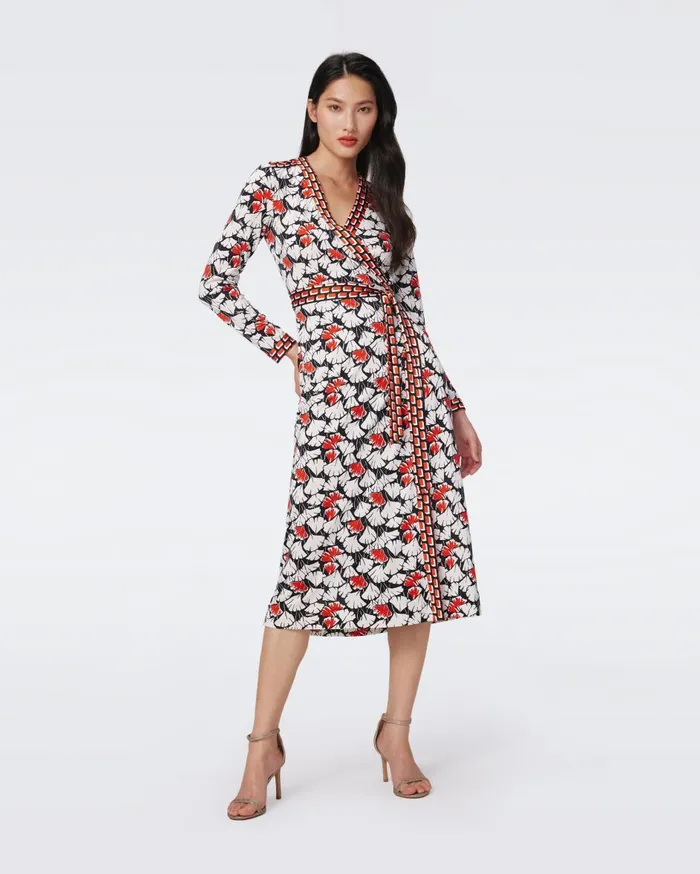 Women Danica Silk Jersey Wrap Dress Vintage Gingko Red And Blocks Star Red Tawny DVF Dresses