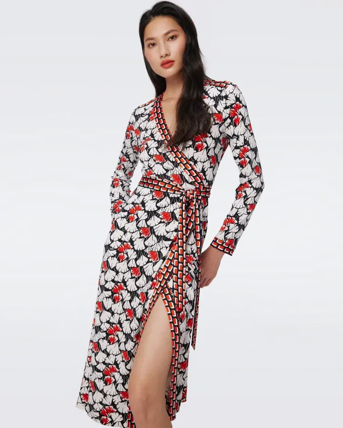 Women Danica Silk Jersey Wrap Dress Vintage Gingko Red And Blocks Star Red Tawny DVF Dresses